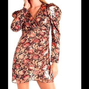 NWT Express XL Floral Black Print Shine Sheath Wrap Dress